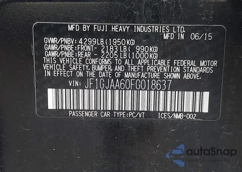 2015 Subaru Impreza 2.0I z USA, uszkodzony, nr VIN JF1GJAA60FG018637